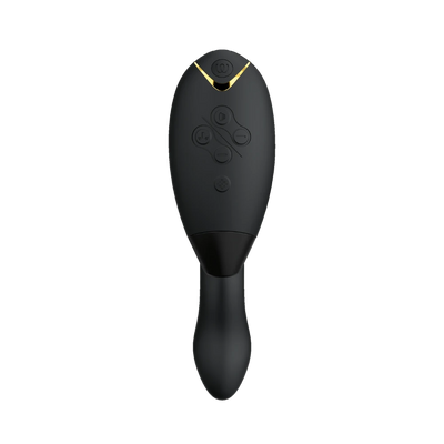 Womanizer Duo 2 i sort set forfra med tydelige kontrolknapper. En luksuriøs lufttryksvibrator med kombineret stimulation, designet til intens nydelse og brugervenlig styring.