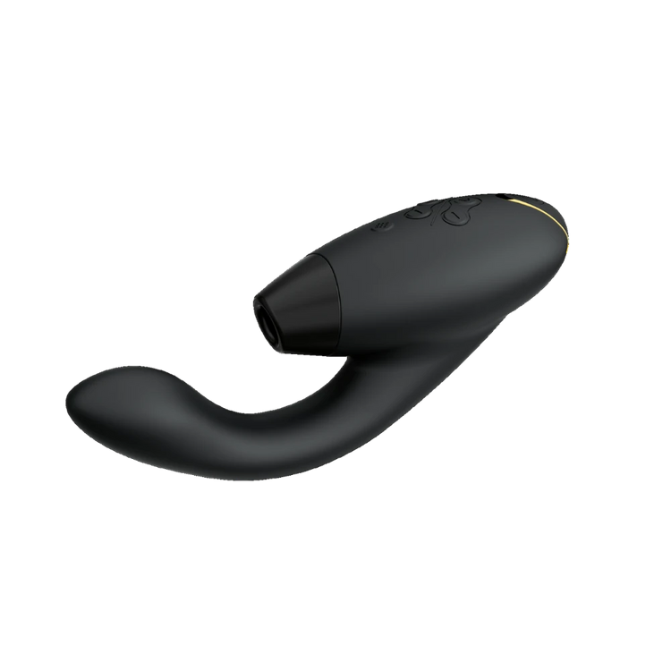 Womanizer Duo 2 i sort silikone med elegant kurvet design. Et luksuriøst sexlegetøj med lufttryksstimulering og vibration, der skaber rolig, dyb nydelse og sanselig wellness for moderne kvinder.