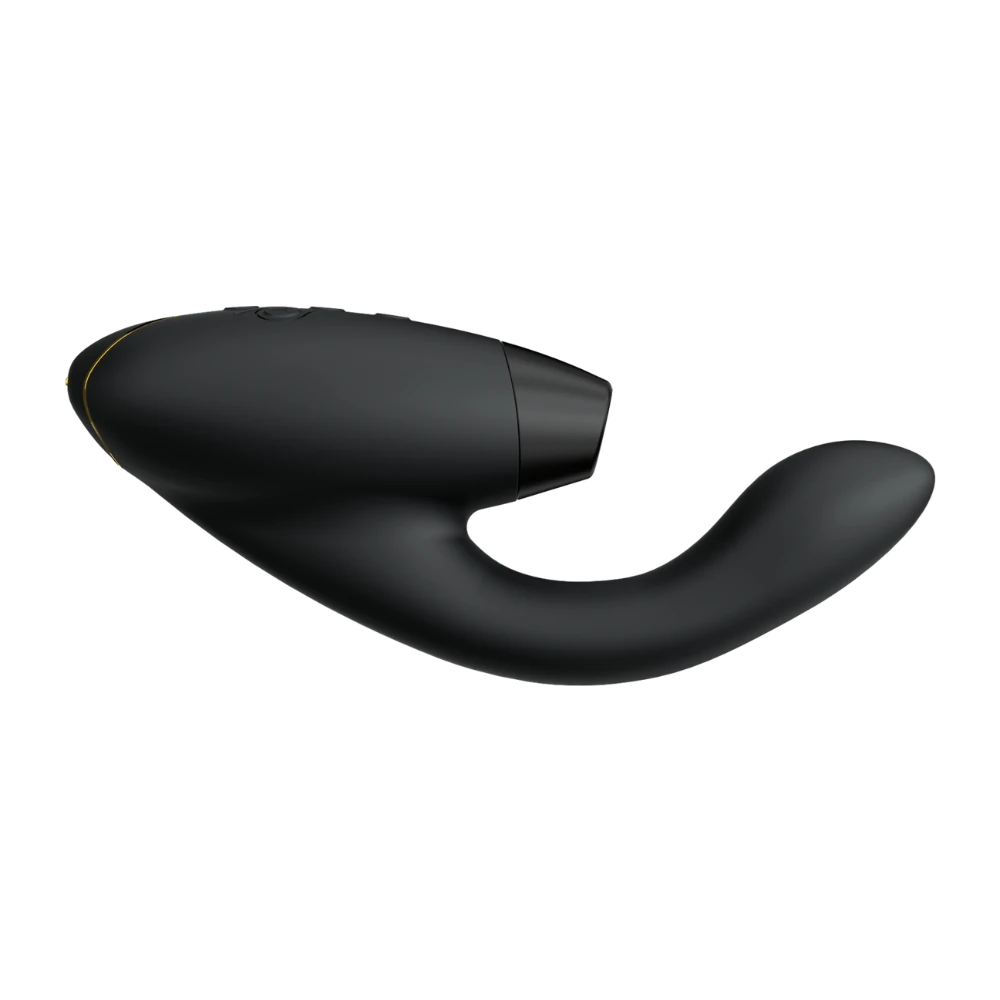 Womanizer Duo 2 sexlegetøj i sort design – elegant 2-i-1 vibrator med lufttryk og G-punktsstimulation, skabt til dyb, intens nydelse med fleksibel form og luksuriøse detaljer i guld.