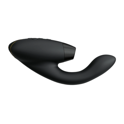 Womanizer Duo 2 sexlegetøj i sort design – elegant 2-i-1 vibrator med lufttryk og G-punktsstimulation, skabt til dyb, intens nydelse med fleksibel form og luksuriøse detaljer i guld.