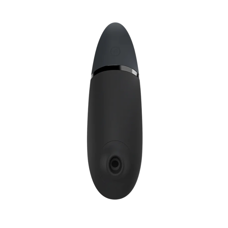 Womanizer Next i sort set forfra med power-knap, sensor og Climax Control. Diskret og ergonomisk klitorisstimulator i premium kvalitet.