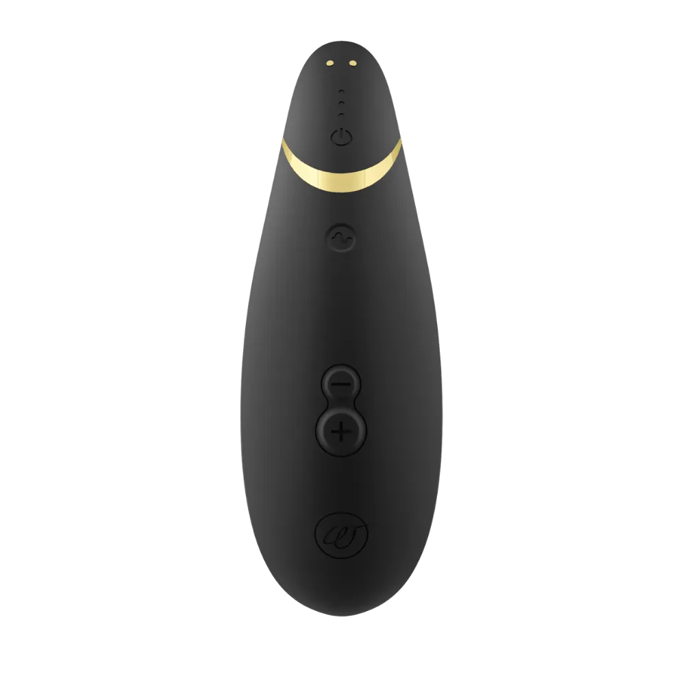 Elegant sort Womanizer Premium 2 med gyldne detaljer – lufttryksbaseret intimprodukt skabt til diskret og intens nydelse. Et stilsikkert valg til moderne kvinder i hele Danmark fra Nevola.