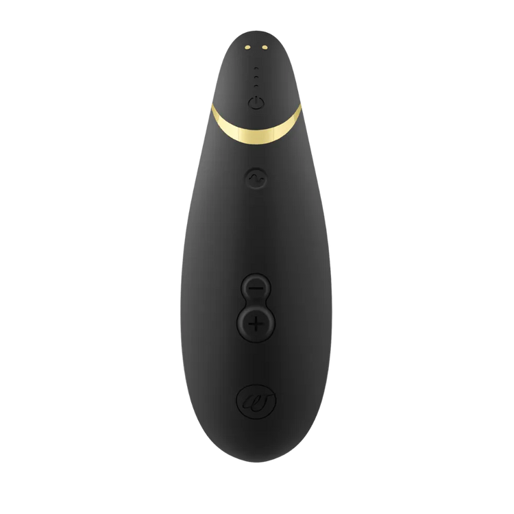 Elegant sort Womanizer Premium 2 med gyldne detaljer – lufttryksbaseret intimprodukt skabt til diskret og intens nydelse. Et stilsikkert valg til moderne kvinder i hele Danmark fra Nevola.