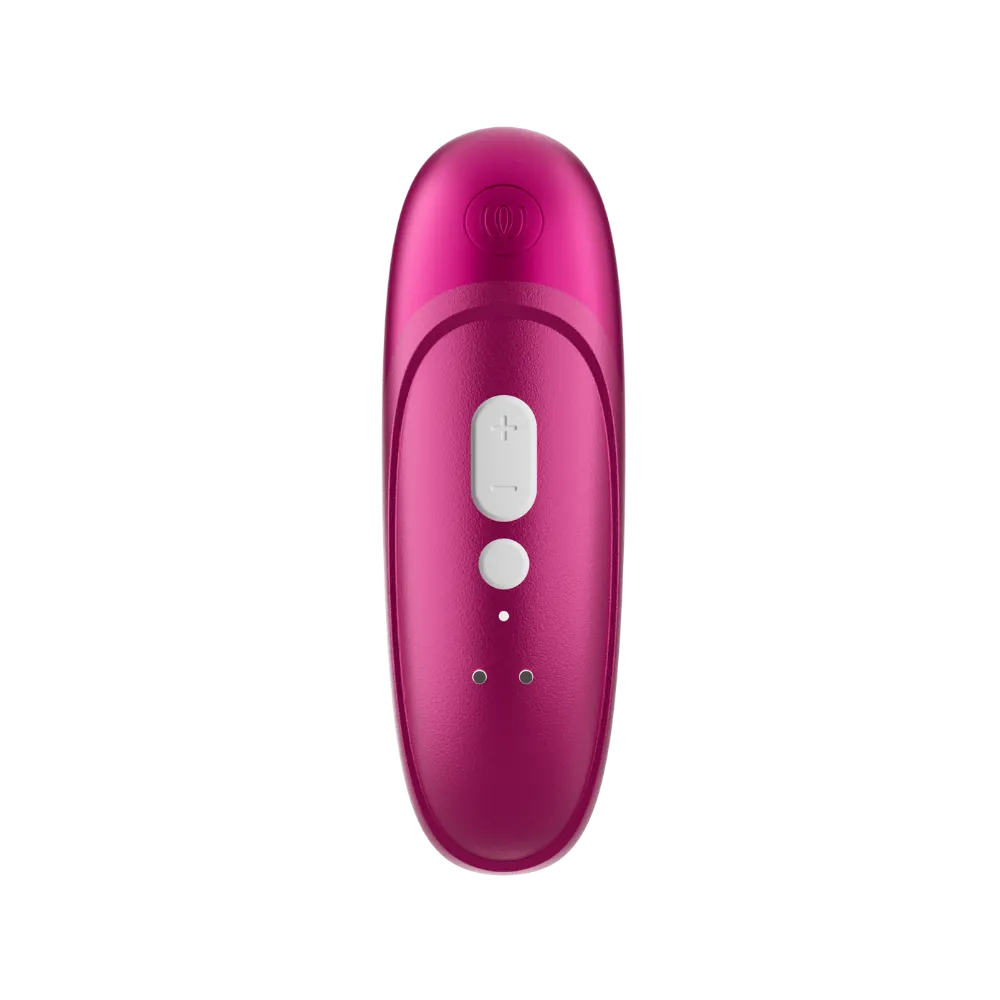 Womanizer Pro klitorisstimulator i vibrant pink set ovenfra med intuitive kontrolknapper. Moderne sexlegetøj til kvinder med flere intensitetsniveauer og Pleasure Air teknologi til personlig og sensuel stimulering.