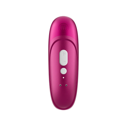 Womanizer Pro klitorisstimulator i vibrant pink set ovenfra med intuitive kontrolknapper. Moderne sexlegetøj til kvinder med flere intensitetsniveauer og Pleasure Air teknologi til personlig og sensuel stimulering.
