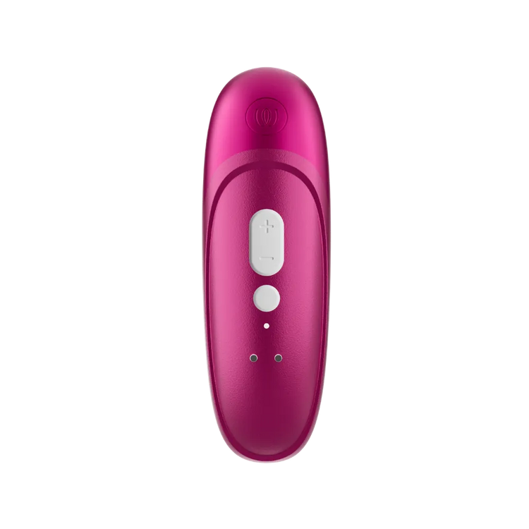 Womanizer Pro klitorisstimulator i vibrant pink set ovenfra med intuitive kontrolknapper. Moderne sexlegetøj til kvinder med flere intensitetsniveauer og Pleasure Air teknologi til personlig og sensuel stimulering.